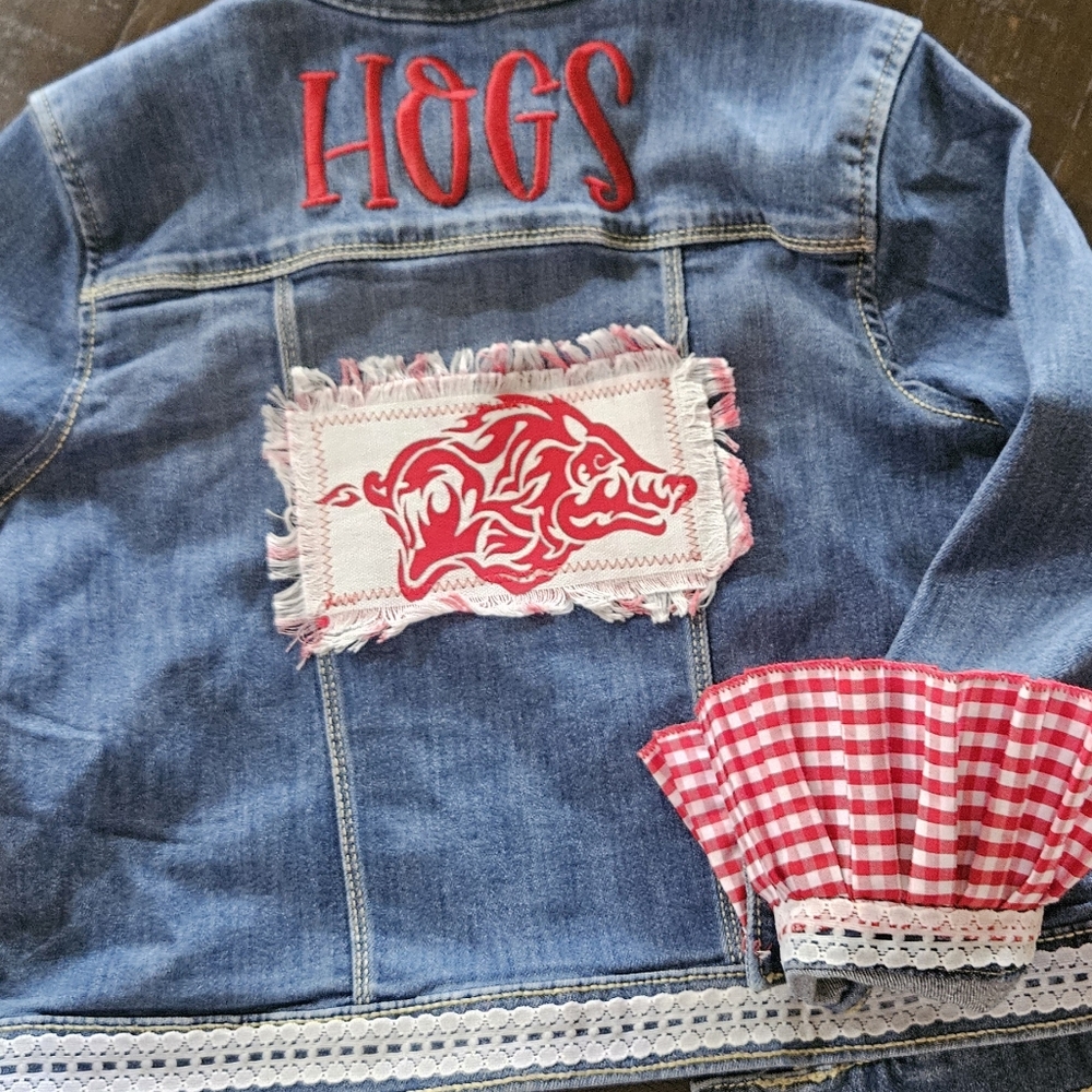 Denim Jacket with Red Embroidery and Gingham Accents
